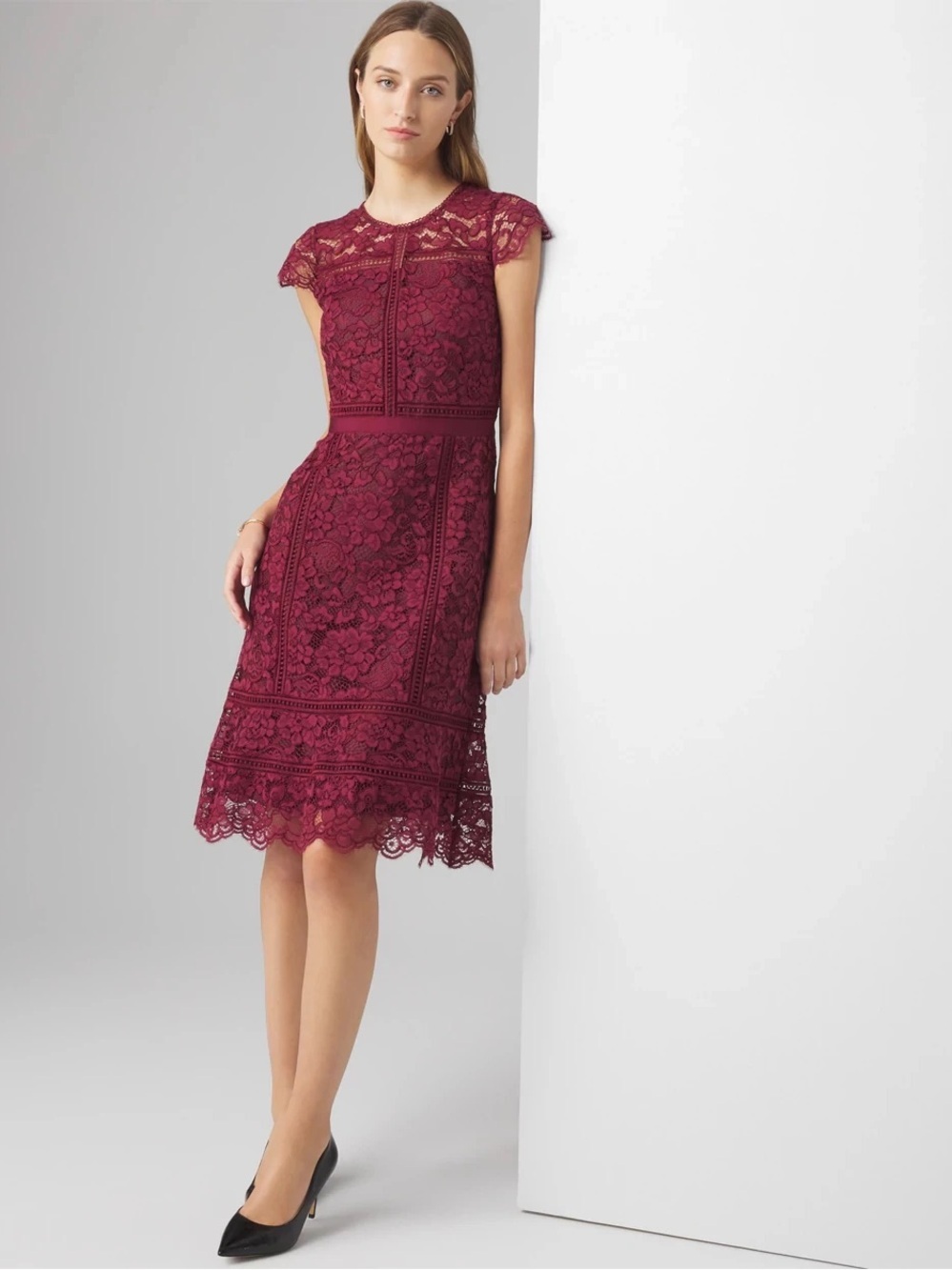WHBM Women’s Elegant Burgundy Lace Fit-and-Flare Wedding Guest Dress Size 14